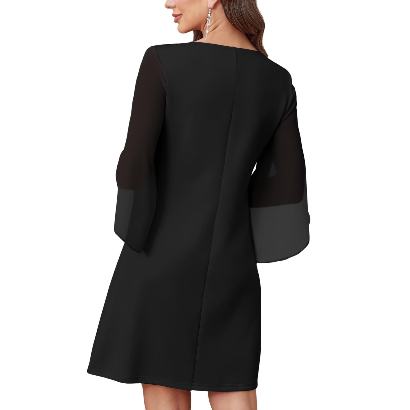 Vestido de Cóctel para Mujer Vestidos Casual de Manga 3/4 Vestido de Gasa Cuello Redondo Vestidos Midi Elegante Bodycon Vestiti de Noche para Fiesta