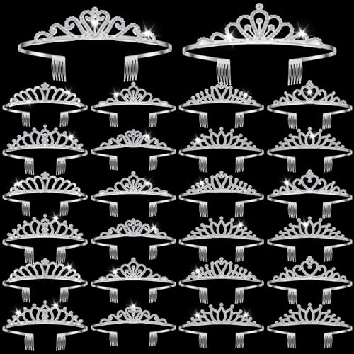Yuefunny 24 Pcs Crystal Tiara Crowns for Women Bulk Rhinestone Princess Headband Crown with Combs Tiaras for Pageant Bridal Shower Wedding Birthday Prom Party Gifts(Modern Silver)
