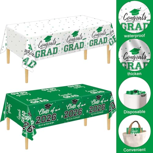 Image of Oigco 2026 Graduation Decorations, 2 Pack Green Graduation Tablecloths Class of 2026, Congrats Grad Plastic Tablecloths for Graduation Party Decorations, 54 x 108 Inch