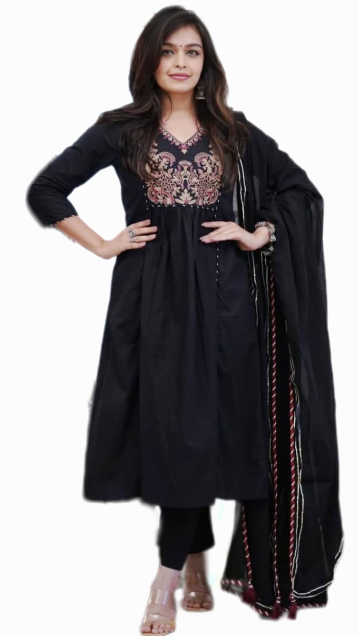 Women’s Embroidered Cotton Kurta Pant Set with MUL Cotton Dupatta | 3 Piece Ethnic Outfit with Handcrafted Detailing-image-30