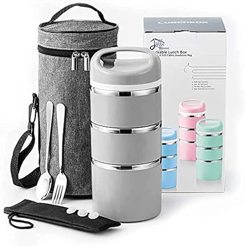 Lille Home 1380 ml stapelbare Lunchbox aus Edelstahl mit Thermofach, isolierter Bento-/Lebensmittelbehälter mit 3 Ebenen, mit verbesserter Lunchtasche und Silikondichtungen