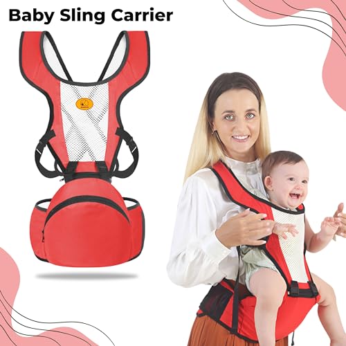 Image of Bembika Baby Carrier Newborn to Toddler with Hip Seat Multiple Positions Infant Carrier Soft Baby Holder Kangaroo Bag Sling Carrier for All Seasons - Red