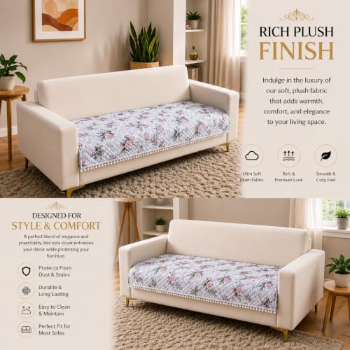 Image of Homerz Premium Printed Quilted Velvet Sofa Slip Cover Protector with Tassels, Sofa Mat, Exact Size, Antislip Cover (Grey Autumn, 2 Seater, Half)