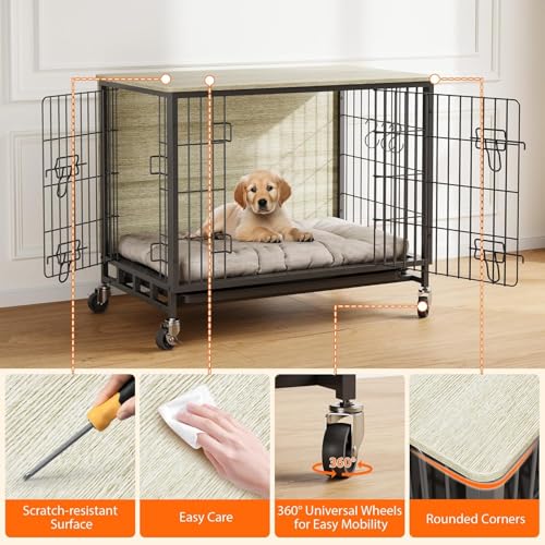 Garvee 32.5" Modern Wooden Dog Kennel with Dual Doors, Sliding Tray, Detachable Wheels, Heavy Duty Dog Crate – Stylish Side Table for Medium-Sized Dogs, Gray by Garvee - Image 7