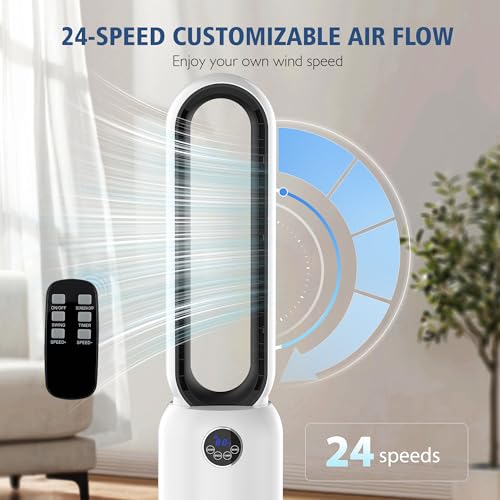 Image of 36 inch Bladeless Tower Fan for Bedroom, Powerful 26ft /s Airflow, 24 Speeds, 90 Oscillation, 12H Timer, Standing Fans with Remote, Quiet Bladeless Cooling Fan for Home Office Room, White Black