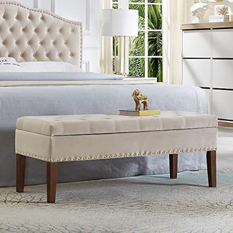 24KF Velvet Modern Upholstered Tufted Button Storage Bench with Studded Nails for Living Room 5076- Taupe Cover
