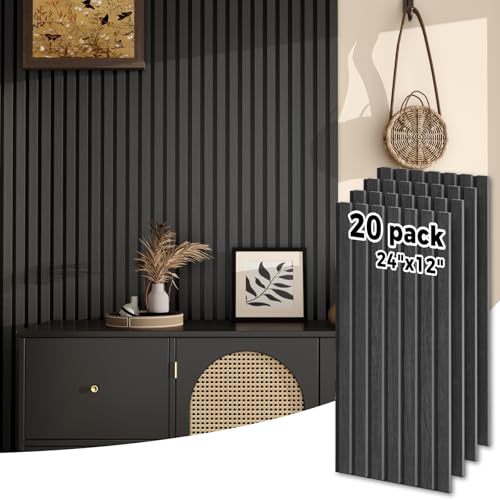 Wood SlatWall Panels 20-Pcs 2X Larger Coverage(40ft) Lightweight Acoustic Wall Panels 24 x 12 Soundproof Wood Slat Panel for Noise Cancelling Interior Wall Decoration Living Room Office Black