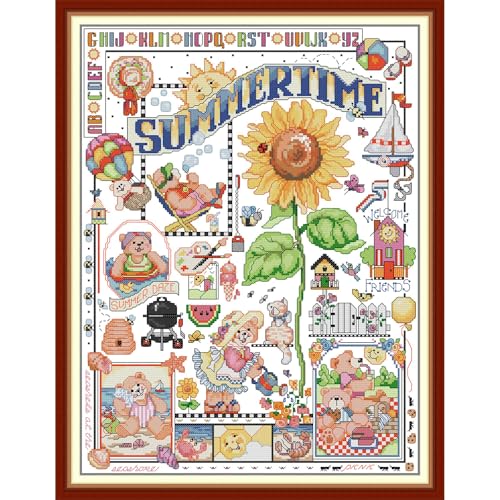 Image of CaptainCrafts New Cross Stitch Kits Embroidery Kit Full Range Pre-Printed and Counted Fabrics Kits for Adults Beginners Home Decor (Stamped 14CT, Summer time)