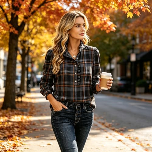 moolBeko Plaid Shirt Women Dressy Casual Long Sleeve Henley Ruffle Shirt - image 2