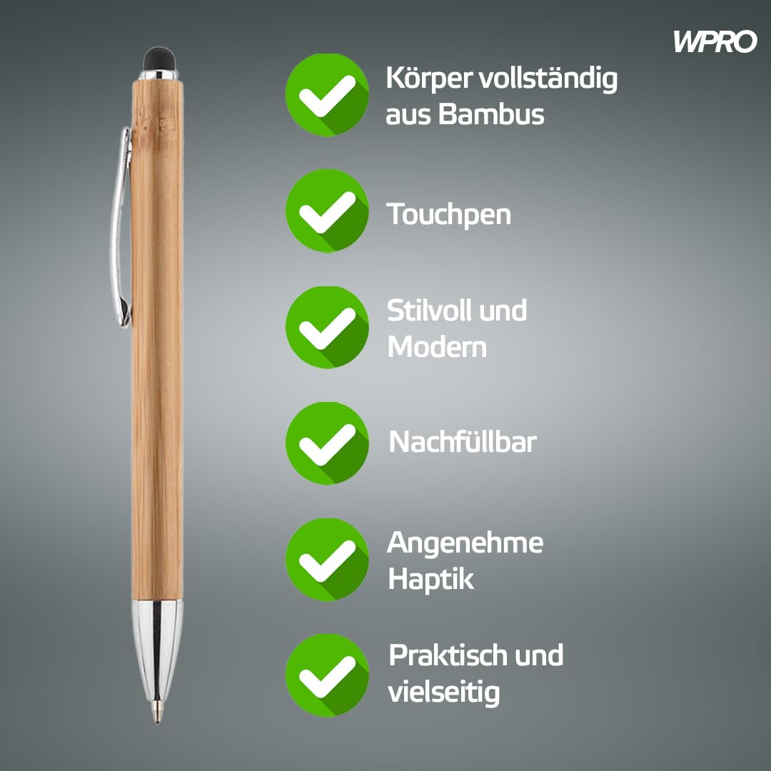 WPRO Bambus Kugelschreiber mit Touchpen 100er Set schwarz – nachhaltige Stifte blau schreibend mit austauschbarer Mine | umweltfreundliches Schreibset für Büro, Studium & Events