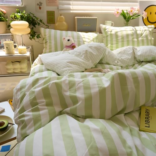 Image of VM VOUGEMARKET Kids Teens Duvet Cover Twin Size Green White Striped Bedding Set Green Stripes Comforter Cover 68 inchx86 inch