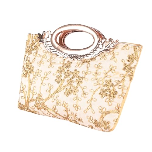 Image of Kuber Industries 2 Pcs Polyester Hand Bag for Woman with Zip Closure | Ladies Purse | Lightweight Party and Wedding Clutch Purse for Women | Kada Design - Cream