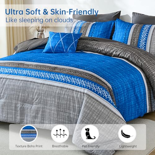 Image of Dintszyayue Blue Queen Comforter Size Set, 8 Pieces Boho Striped Texture Bed in a Bag Sets, Lightweight Soft Bohemian Comforter and Sheet Set, All Season Microfiber Bedding Sets for Men Women