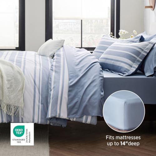 Bedsure Blue Comforter Set, Queen Size Bedding Set, Striped 7 Piece | Bed in a Bag, Bedroom, Plaid, Nautical, Cationic Dyeing, Gift Choice, Whisper-Quiet, OEKO - image 4