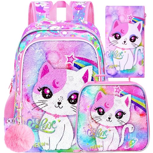 UFNDC 3PCS Backpack for Girls with Lunch Box,16”Kids Sequin Bookbag with Lunch Box, School Bag for Elementary Toddler