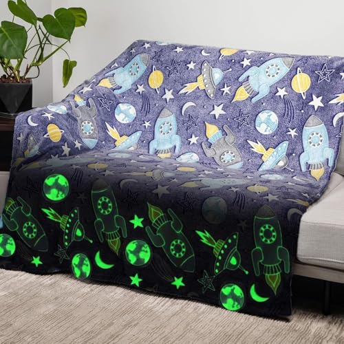 Image of DOCAT Glow Blanket for Kids 0-15 Years, 200x152 cm Double Bed Blanket for Girls Boys, Soft Cozy Flannel Fleece Throw Blankets for Winter, Radium Blanket Ideal Gift for Boys & Girls (Cosmic Rockets)