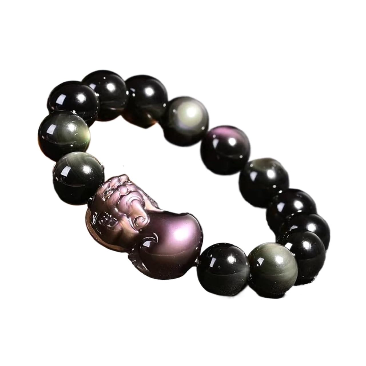 WZGWDC Schwarzes Obsidian-Armband, Piyao-Armband, natürliche Regenbogenaugen-Perlen, Kristall-Talisman, Wohlstand, 16 mm