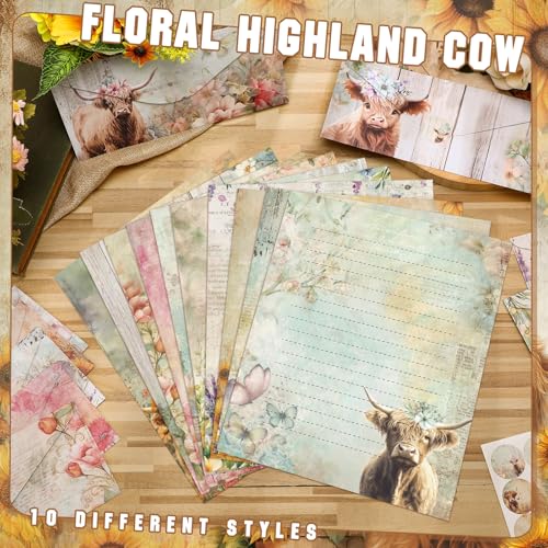 Image of TaoBary 160 Pcs Floral Highland Cow Stationery Paper and Envelopes Set 50 Double Sided Lined Stationery Paper with 50 Envelopes and 60 Round Dot Sticker 8.5 x 11'' Letter Writing Kit, 10 Design