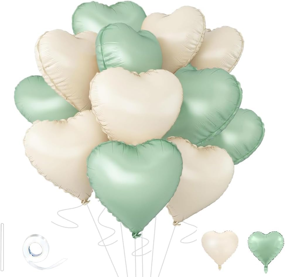 Samyosaien 12Pcs Sage Green Heart Foil Balloons, 18 Inch Cream White Helium Balloons with Ribbon & Straw, Self-Sealing Aluminium Film for Wedding Engagement Party Decor