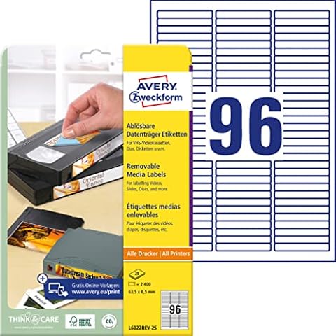 AVERY Zweckform L6022REV-25 Etiketten für Data Cartridges (2.400 Aufkleber, 63,5x8,5 mm auf A4, bedruckbar, selbstklebend, wiederablösbar, für Data Cartridges, HI8 und Travan) 25 Blatt, weiß Cover