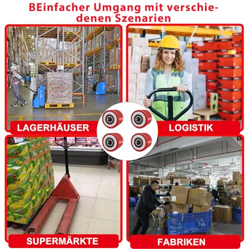 4 Stück Hubwagen rollen Polyurethan 80 x 70 mm, Achse 20 mm inkl,Kugellager Rollen für Hubwagen Ersatzrollen,Max Belastung 600 KG,Abriebfester,verdickter Kern