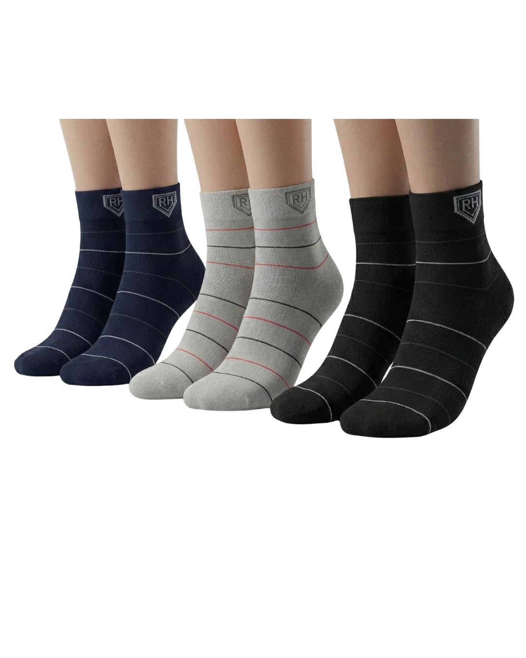 RH Pure Cotton Ankle Length Striped Socks | Seamless Toe | Ribbed Fit | Unisex Regular Use Socks (Pack of 3)-image-28