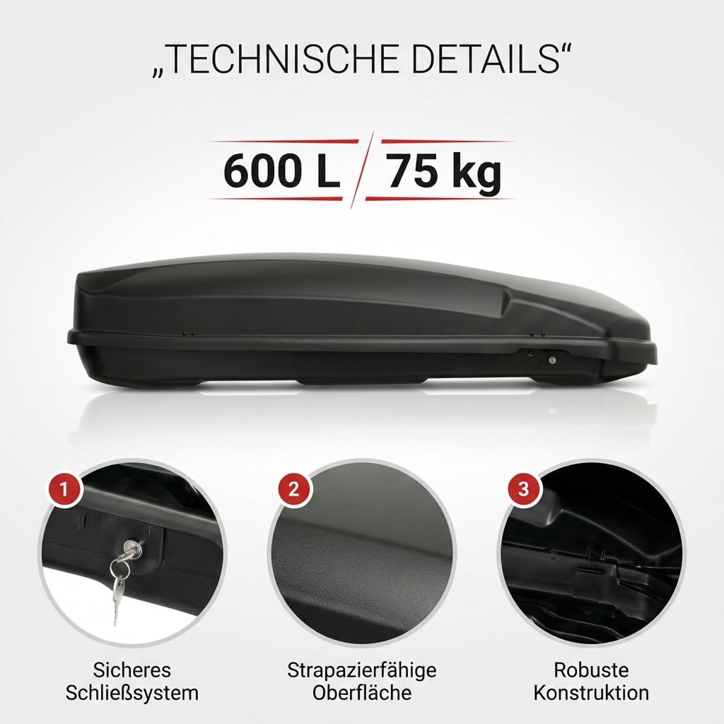 Auto Dachbox Satellite 600 - Dachkoffer Gepäckbox 600 Liter - Autokoffer Dach Box abschließbar Zentralverriegelung - universal geeignet für PKW Van SUV - schwarz matt