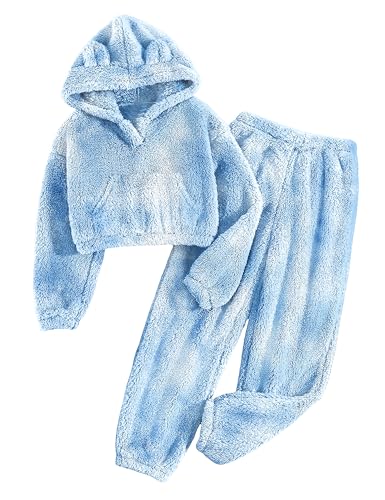 Image of Shallmu Girls Fuzzy Bear Ear Plaid Hoodie Pullover Sweatshirt with Pocket Sweatpants Fall Winter 2 Piece Outfits