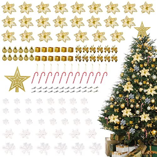 Encham 133 Stück Christbaumschmuck Set Weihnachtsblumen Glitzer Golden Weihnachtskugeln Glitter Poinsettia Schneeflocken Christbaum Krücken Clips Weihnachtsbaumschmuck Weihnachtsdeko Cover