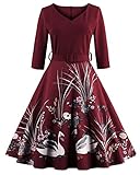 ZAFUL Women's 50s Vintage Floral V-Neck 3/4 Sleeve Party Swing Dresses with Belt (2XL, Wine red)
