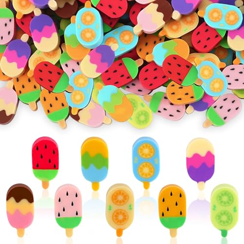 JUNEBRUSHS 150Pcs Ice Cream Mini Erasers for Bulk Cute Fruit Shaped Pencil Erasers for School Classroom Prizes Homework Rewards Gifts Party Favors
