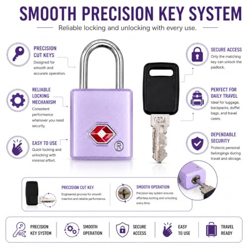 Image of QUIRA TSA Approved Travel Padlock with Key, Luggage Lock for Suitcase, Backpack, Locker & Travel Bags, Heavy Duty Security Lock (Purple)