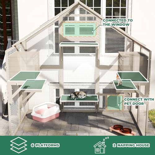 Image of 71 inch H Catio Outdoor Cat Enclosure Weatherproof, Large Walk-in Cat House Attached Window for Multiple Cats, Waterproof Cat Cage Kitty Enclosure Outside with 2 Condos, 6 Platforms