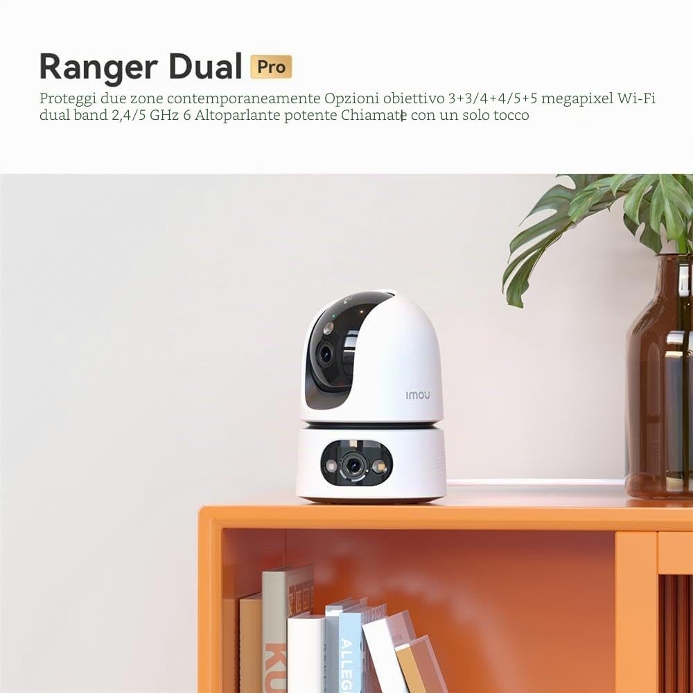 Imou Ranger Dual Pro 3MP+3MP - Telecamera interna Wi-Fi con 2 obiettivi, PTZ a 360°, Dual Band WiFi 6, visione notturna a colori, rilevamento di persone e animali domestici, tracciamento automatico