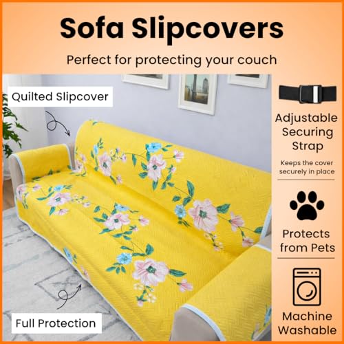 Image of Homerz Premium 2 Seater Quilted Reversible Sofa Cover Mat with Pocket Arms | Polyester Blend 350 GSM Full Coverage & Back Belt for Stability | Washable Furniture Protector (Solara, 2 Seater)