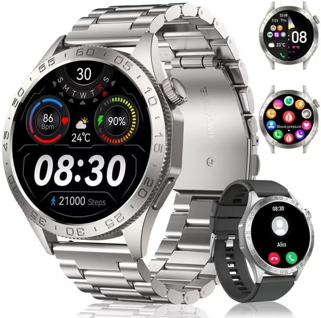 SOBERNA Tikland S71S Smartwatch with metal strap and various watch faces displayed, alongside an alternative black silicone strap.
