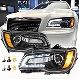 2PCS LED DRL Headlights Assembly with Bulbs For 2011-2014 2015-2018 2019 2020 2021 2022 2023 Chrysler 300 Base 300S 300C Touring Limited Replacement Headlamp Black Housing Amber Reflector Clear Lens