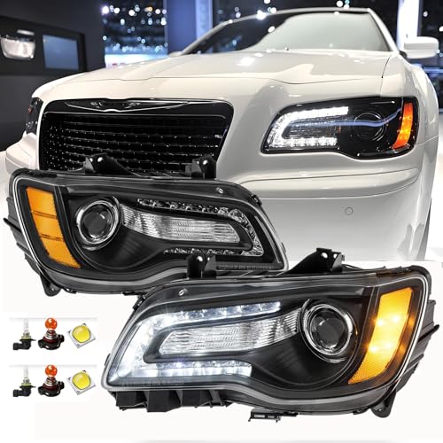 2PCS LED DRL Headlights Assembly with Bulbs For 2011-2014 2015-2018 2019 2020 2021 2022 2023 Chrysler 300 Base 300S 300C Touring Limited Replacement Headlamp Black Housing Amber Reflector Clear Lens