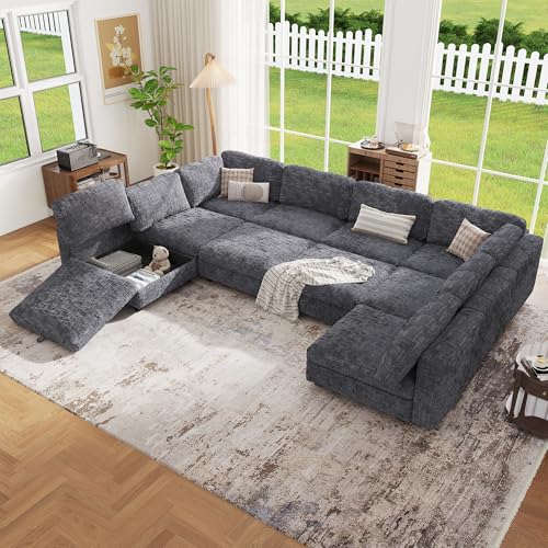 Image of 157 inch Modular Sectional Chenille Sofa bed with Hidden Storage, Comfy Modern 10 Seater Oversized Deep Seat Couch, Modular Sectional with Ottoman and Removable Cover for Living Room, Apartment, Gray