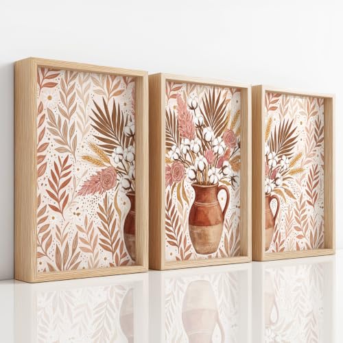 Lienzo botánico rústico de 3 piezas para decorar el dormitorio con ramas, hojas y terracota