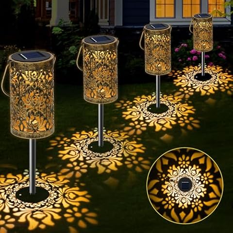 Solar Lights Outdoor Garden, 4 Pack LED Solar Pathway Lights Bright Metal Retro Waterproof, Outside Decorative Rose Hanging Lanterns Solar Powered for Path Lawn Patio Yard Walkway Cover