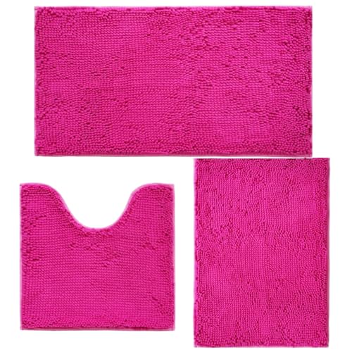 Bathroom Rugs Sets 3 Piece Non Slip Bath Rugs with PVC Backing Bath Carpet Bathroom Rug Washable Absorbent Plush Carpet Mats Bath Mats for Bedroom Kitchen Tub Home Decor(Rose red)