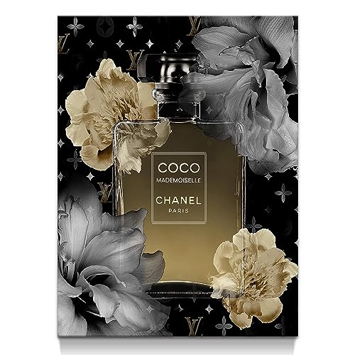 Perfume Bottle Flower Wall Art: Fashion Gold Gray Floral Canvas