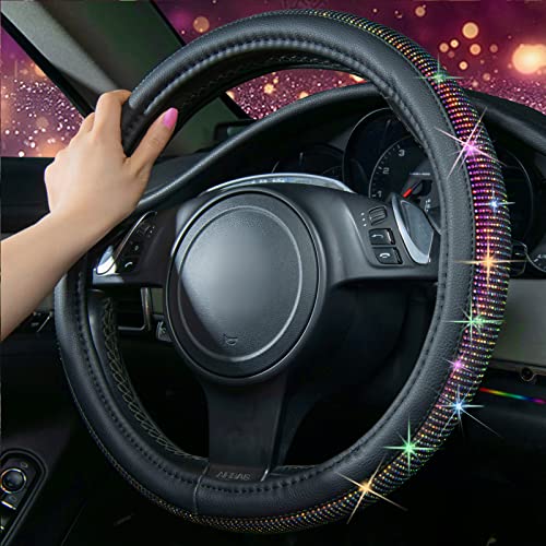 Image of CAR PASS Diamond Leather Steering Wheel Cover, with Bling Crystal Rhinestones Fit Suvs,Vans,Sedans,Cars,Trucks Universal Fit 14.5-15inch Crystal Glitter for Women Sparkle Girl, Multicolor Diamond