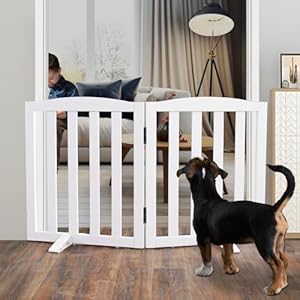 ZJSF Foldable Freestanding Indoor Dog Gate for House Wood White Long Pet Gates Dog Fence for Stairs Puppy Gates for Hallways,Pet Fence, Puppy Gate,Support Feet Included 24 “Height-2 Panels