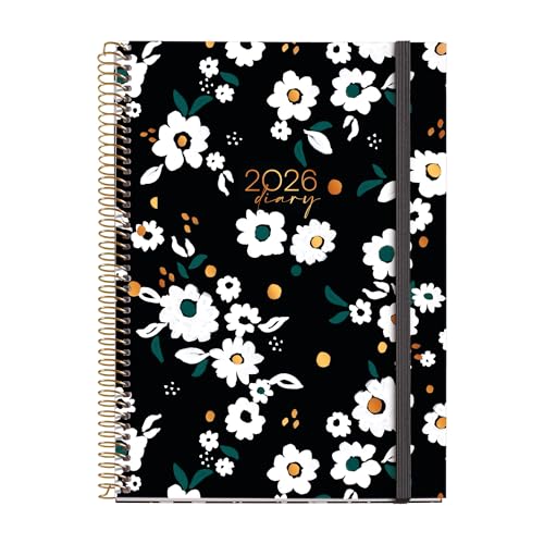 Miquelrius - Agenda 2026 semana vista, Similar A5+ (155 x 213 mm), Planificación semanal, Cubierta rígida cartón, Espiral, Cierre goma elástica, Papel 80 g/m², Español-EN-PT, Noir garden
