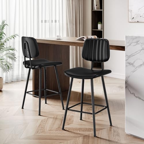 Image of Raynesys 24-Inch Leather Bar Stools Set of 4 with High Backrest, Black