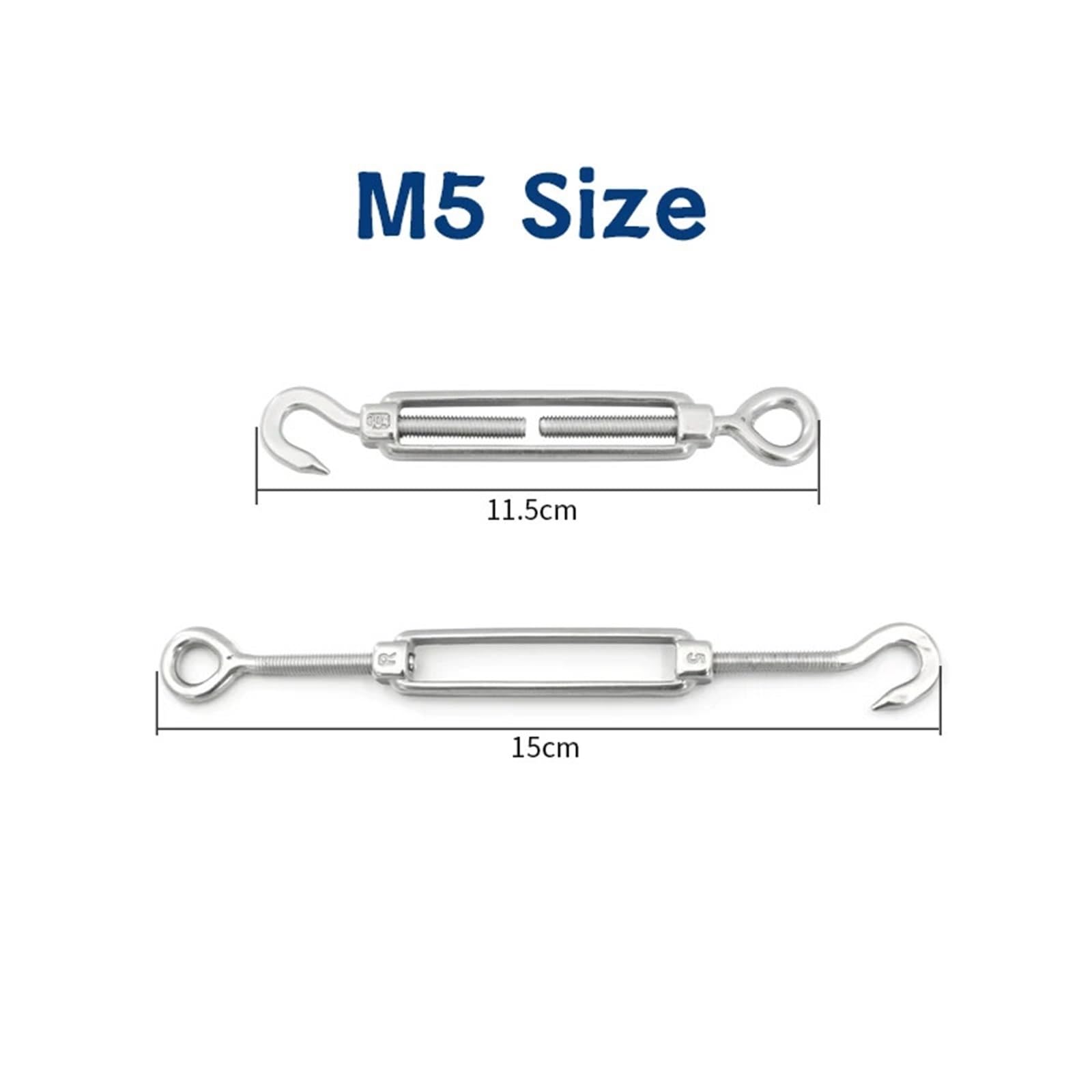 Tensor de alambre de Tensor, 3 Pezzi tenditore a Gancio e Occhiello in Acciaio Inossidabile 304 Argento M4/M5/M6 tenditore a Vite tenditore Regolabile for Fune Metallica(M5)