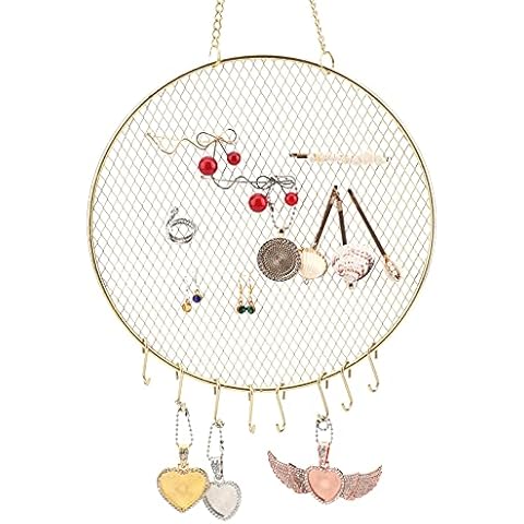 Hanging Jewelry Organizer,Metal Wall Mounted Earring Display Hanger with Hooks,Gold Mesh Necklaces Bracelets Holder Closet Storage Rack for Girl Women (24.5cm) Cover