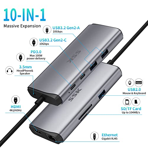 Ssk Usb C Hub Ethernet Adapter(10 In 1),10Gbps Usb C Splitter With 4K 60Hz Hdmi,10Gbps Usb C And 2 Usba Data Ports,100W Pd, Ethernet, Sd/Tf Usb3.2 Gen 2 Thunderbolt Hub Dock For Macbook Pro Hp Lenovo #TOP1